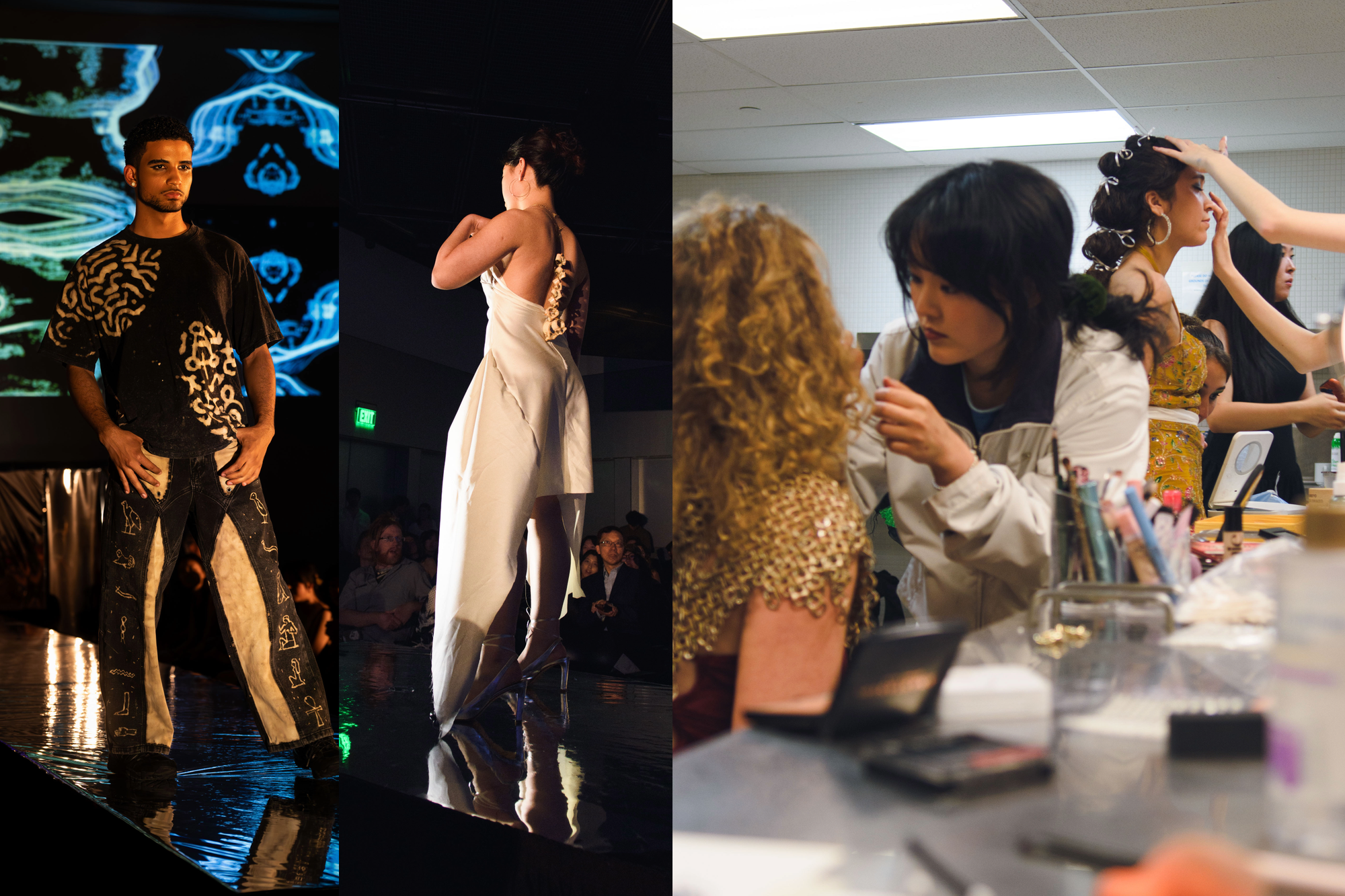 A collage of three images: Two runway photos in student-designed fashion, and a behind-the-scenes shot of makeup artists prepping the models.